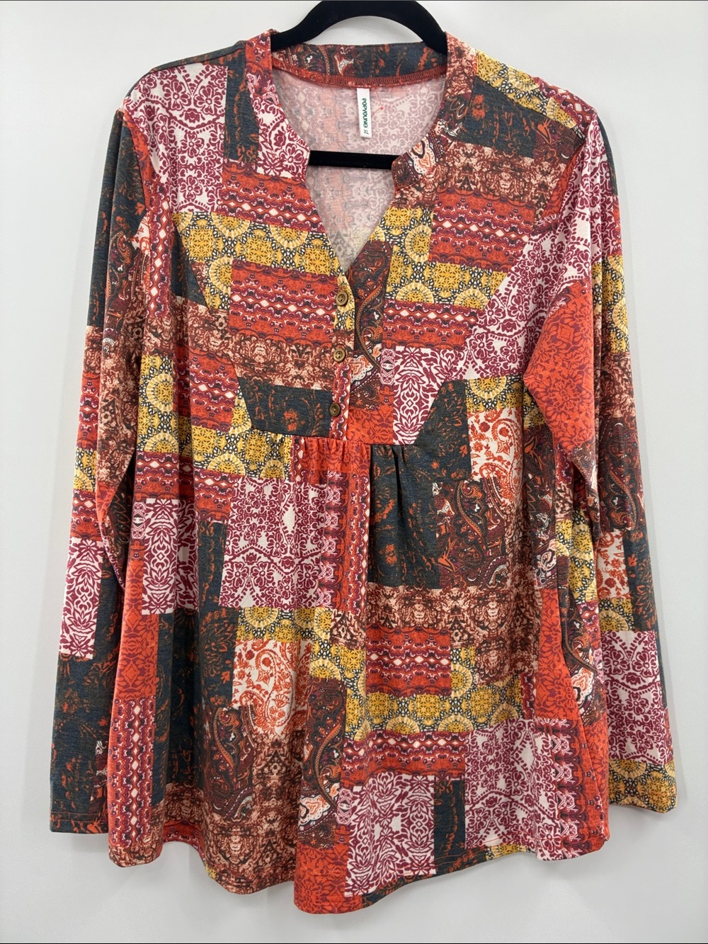 Popyoung Boho Patchwork Long-Sleeve Tunic Top size XL